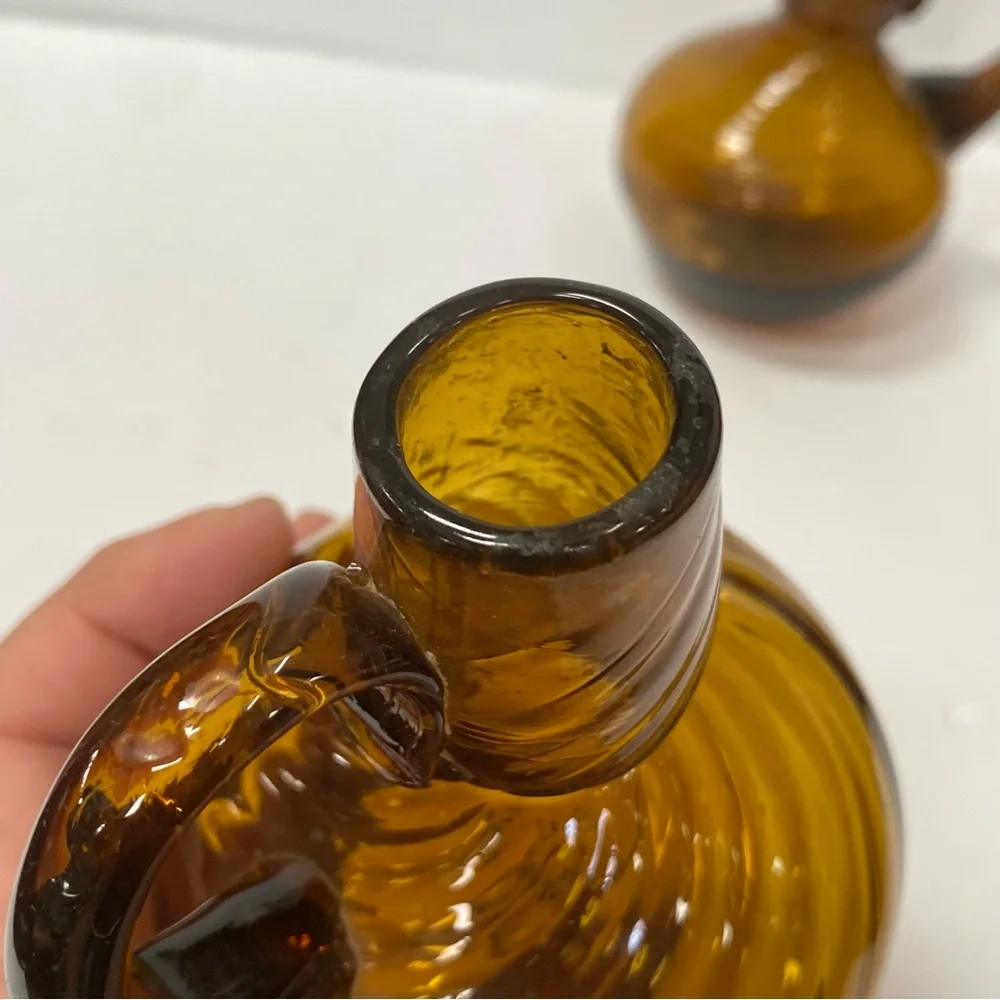 Set of 2 Vintage Root Beer Amber Swirled Glass Vase w/ applied handle